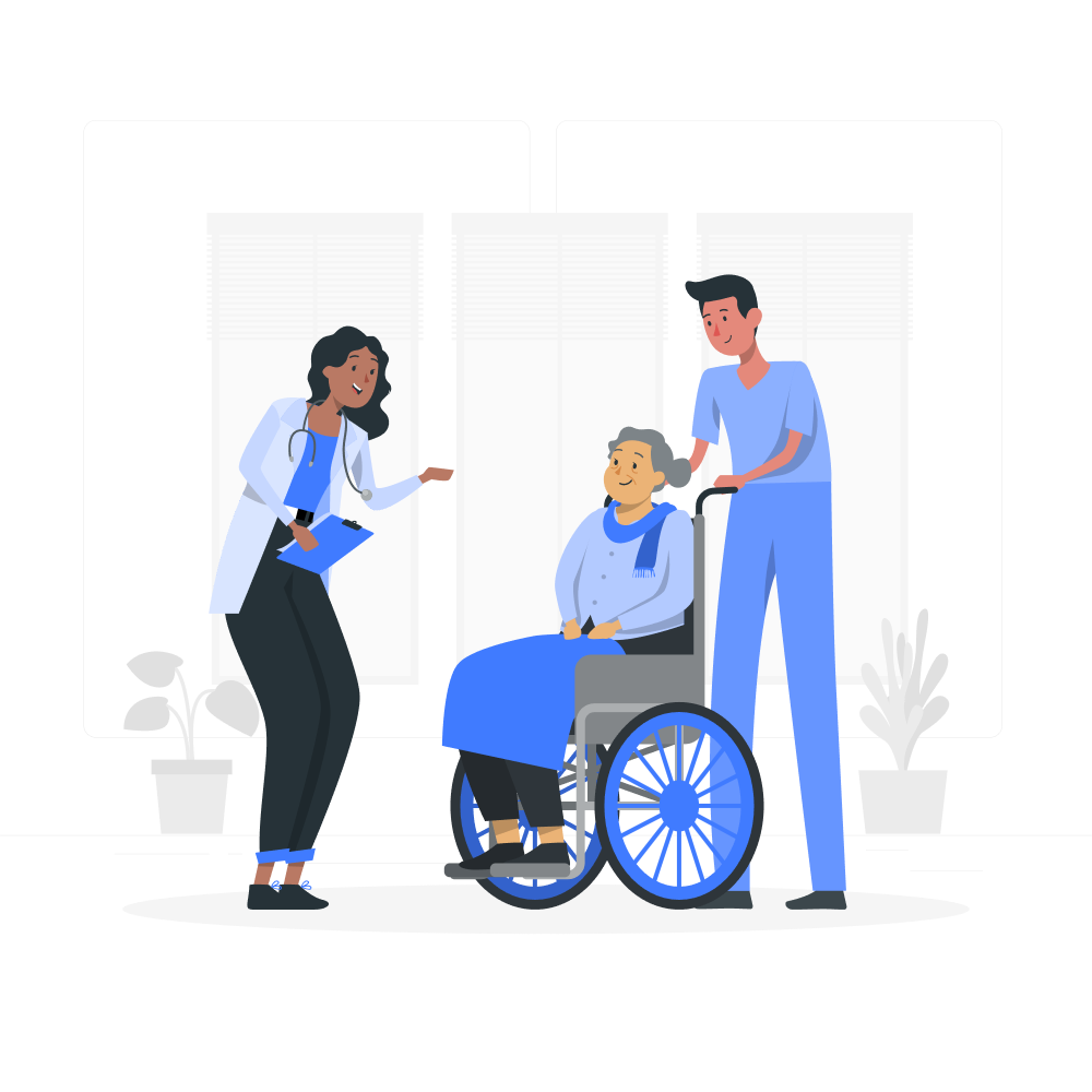 Two doctors with a patient in a wheelchair